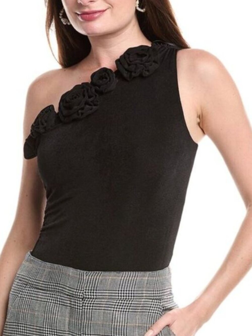 Endless Rose Womens Rosette One-Shoulder Bodysuit Black Glitter Fitted Size M